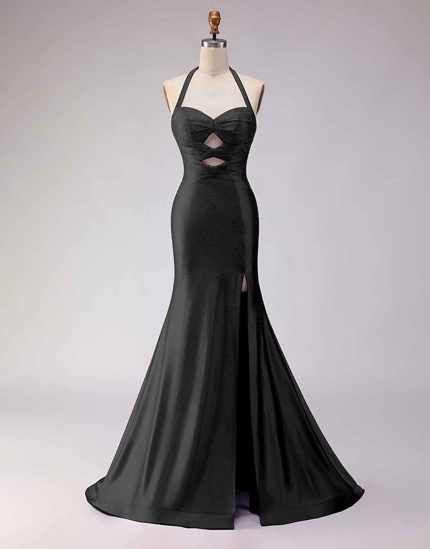 Sparkly Lilac Mermaid Halter Satin Beaded Long Prom Dress with Slit