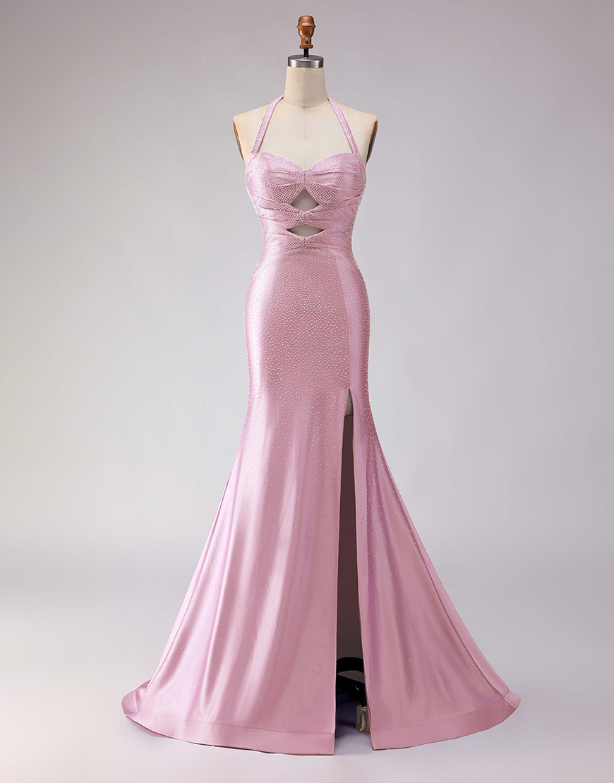 Sparkly Lilac Mermaid Halter Satin Beaded Long Prom Dress with Slit