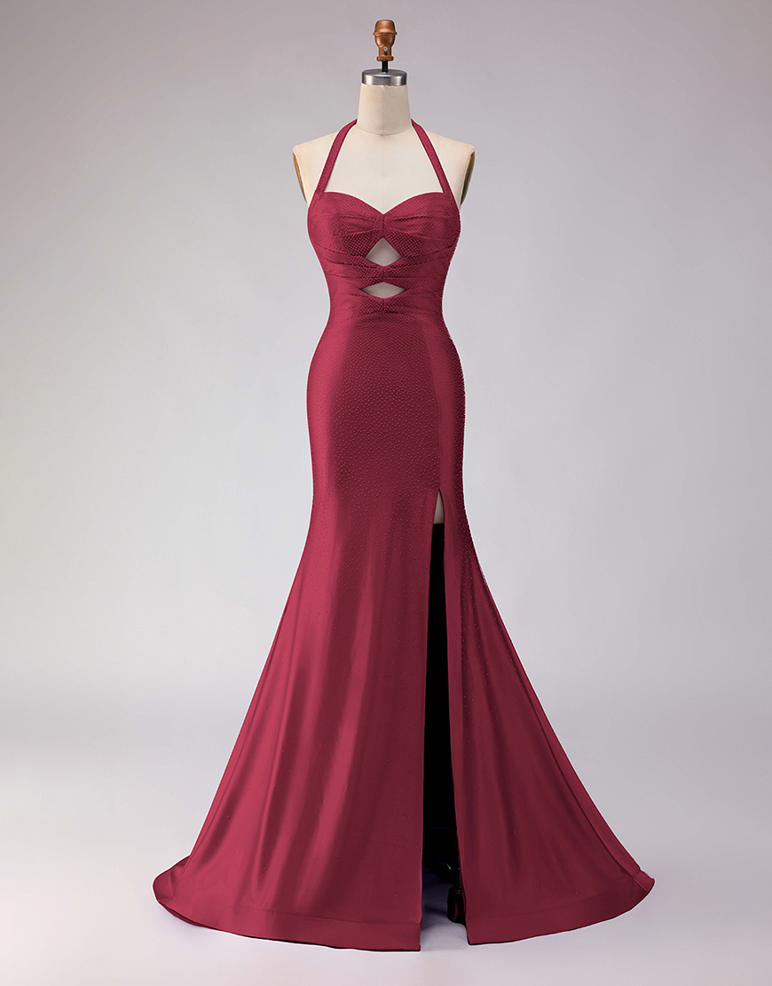 Sparkly Lilac Mermaid Halter Satin Beaded Long Prom Dress with Slit