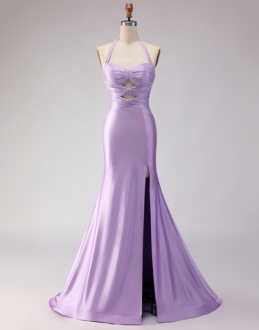 Sparkly Lilac Mermaid Halter Satin Beaded Long Prom Dress with Slit