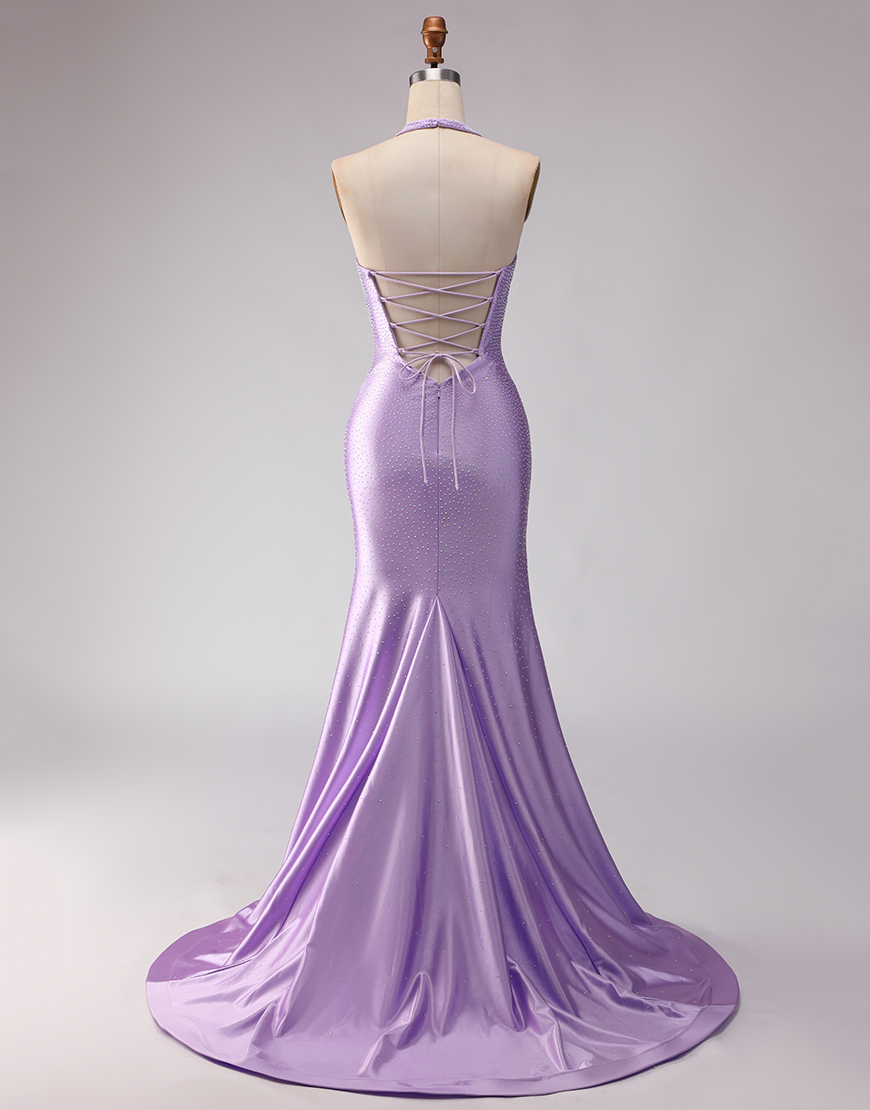 Sparkly Lilac Mermaid Halter Satin Beaded Long Prom Dress with Slit