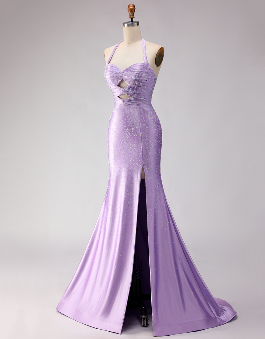 Sparkly Lilac Mermaid Halter Satin Beaded Long Prom Dress with Slit