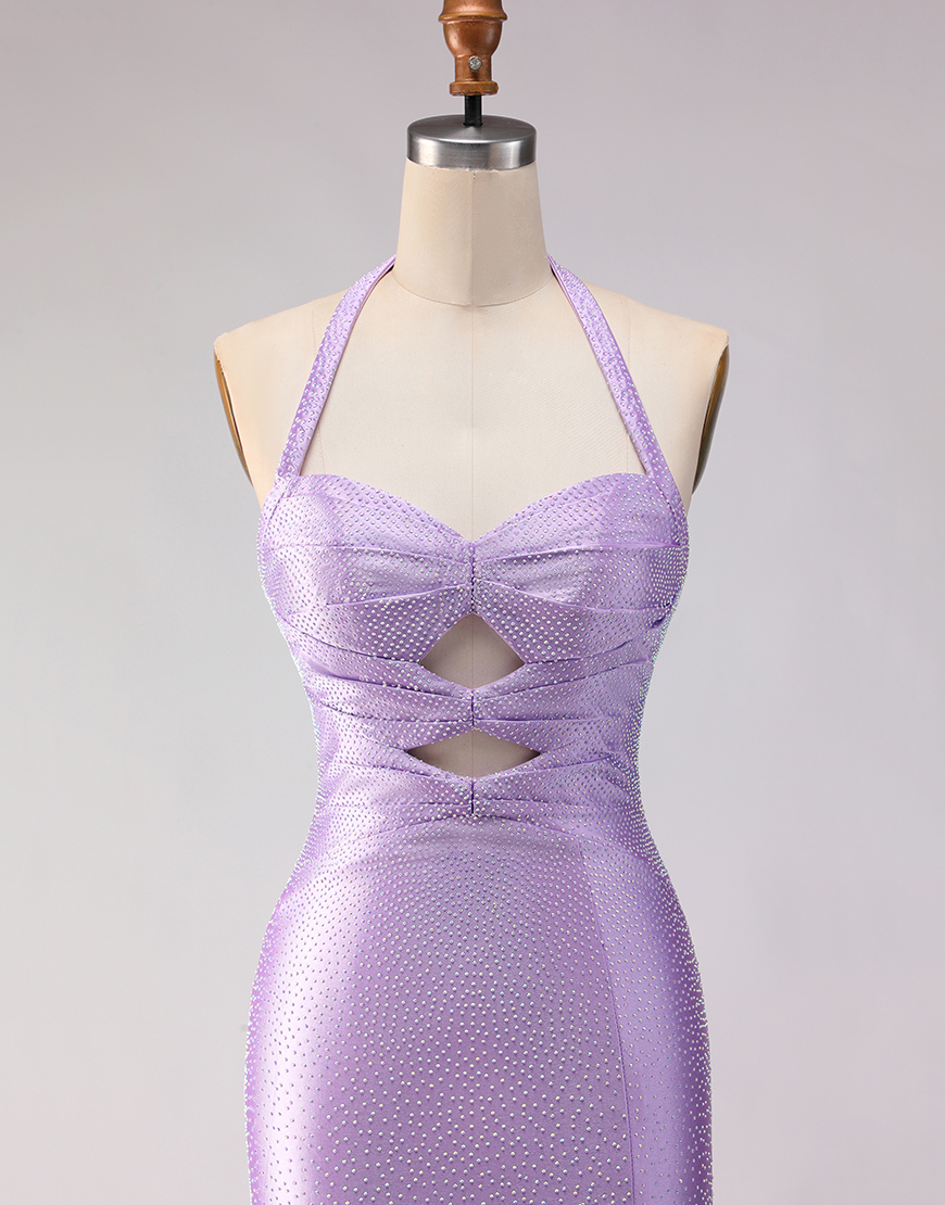 Sparkly Lilac Mermaid Halter Satin Beaded Long Prom Dress with Slit