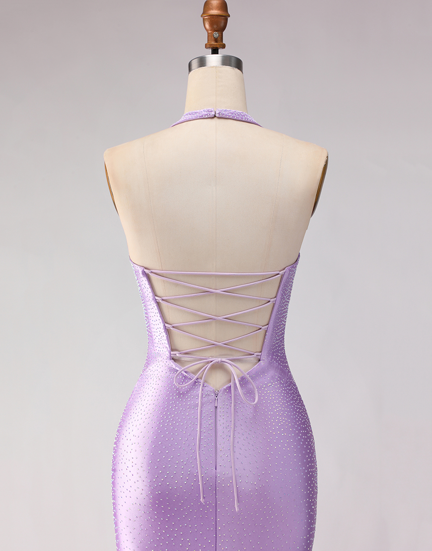 Sparkly Lilac Mermaid Halter Satin Beaded Long Prom Dress with Slit