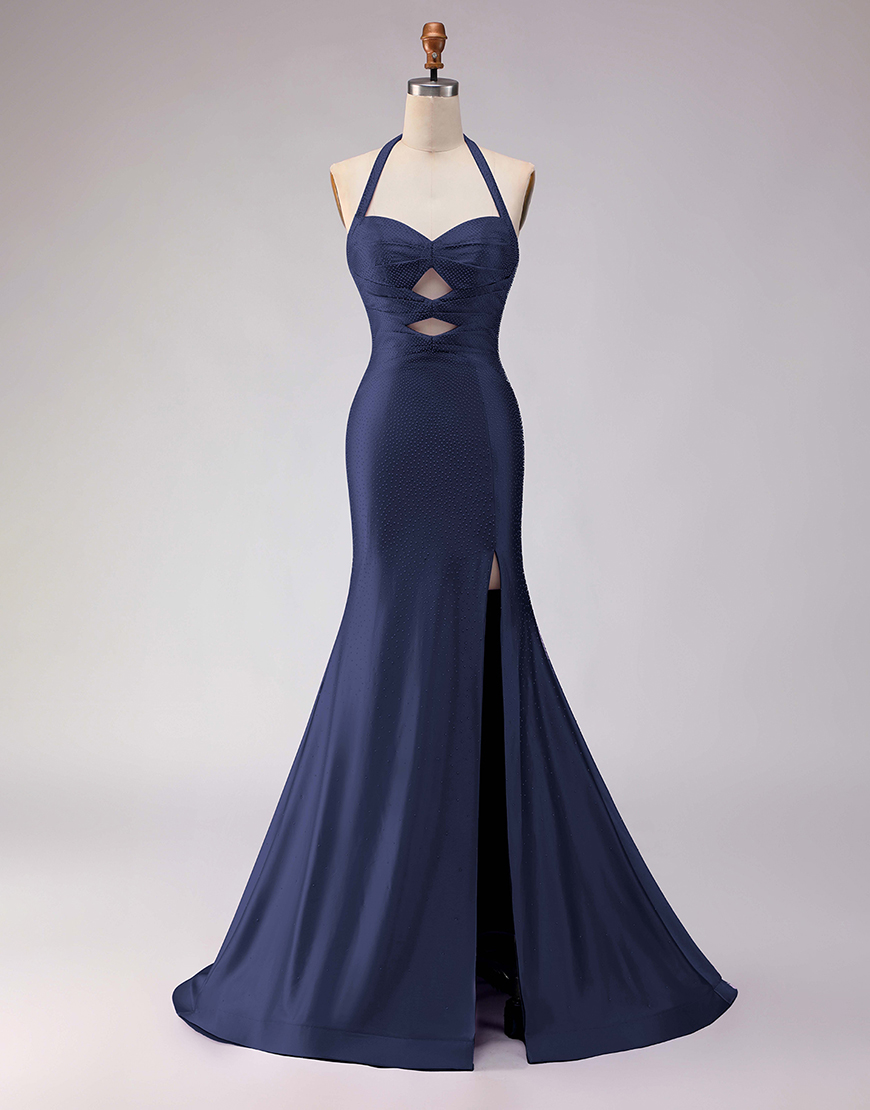 Sparkly Lilac Mermaid Halter Satin Beaded Long Prom Dress with Slit