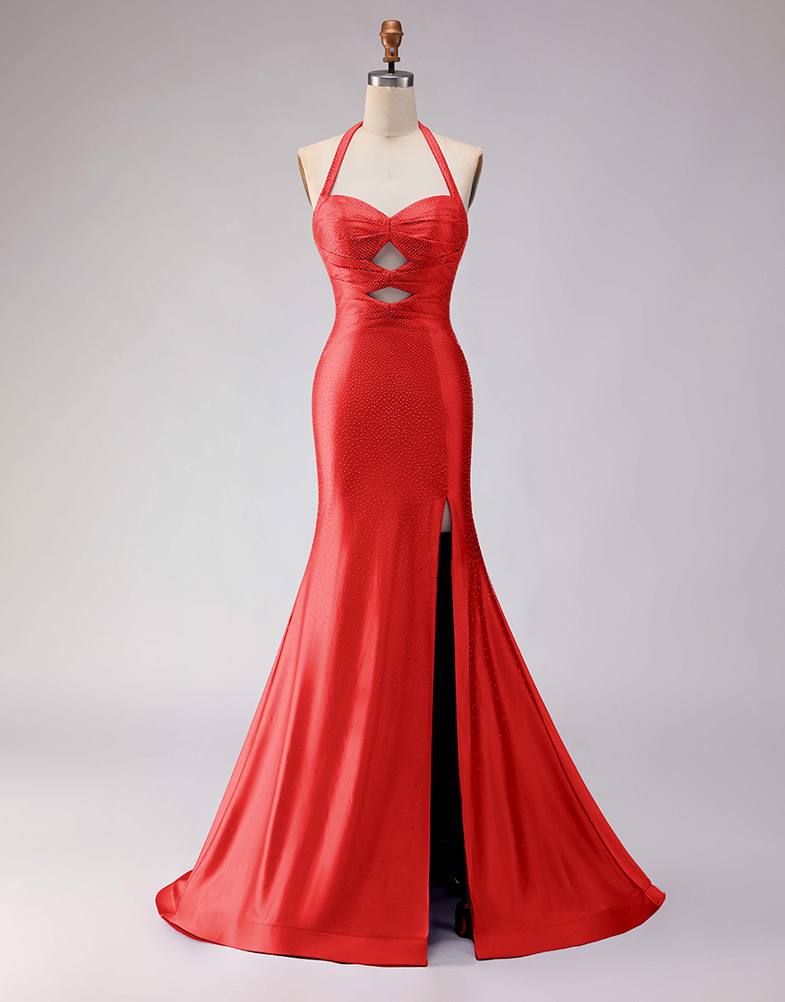 Sparkly Lilac Mermaid Halter Satin Beaded Long Prom Dress with Slit