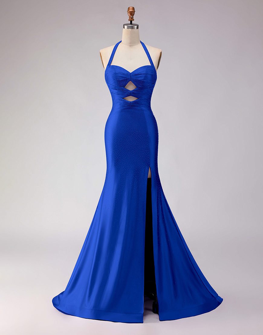 Sparkly Lilac Mermaid Halter Satin Beaded Long Prom Dress with Slit