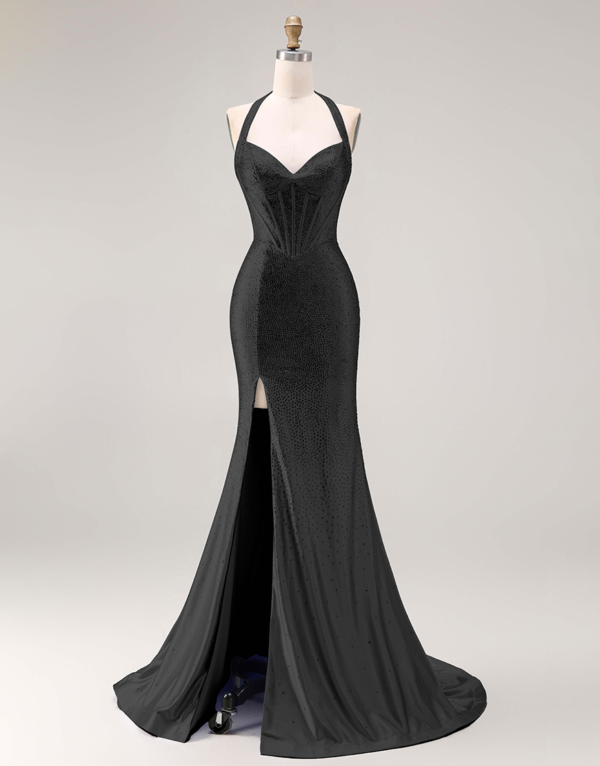 Sparkly Light Blue Mermaid Beaded Long Corset Prom Dress with Slit