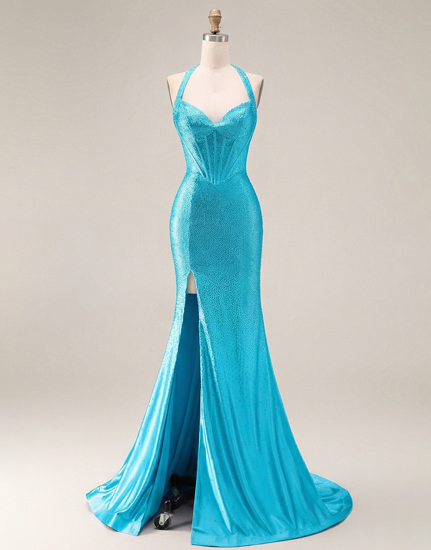 Sparkly Light Blue Mermaid Beaded Long Corset Prom Dress with Slit