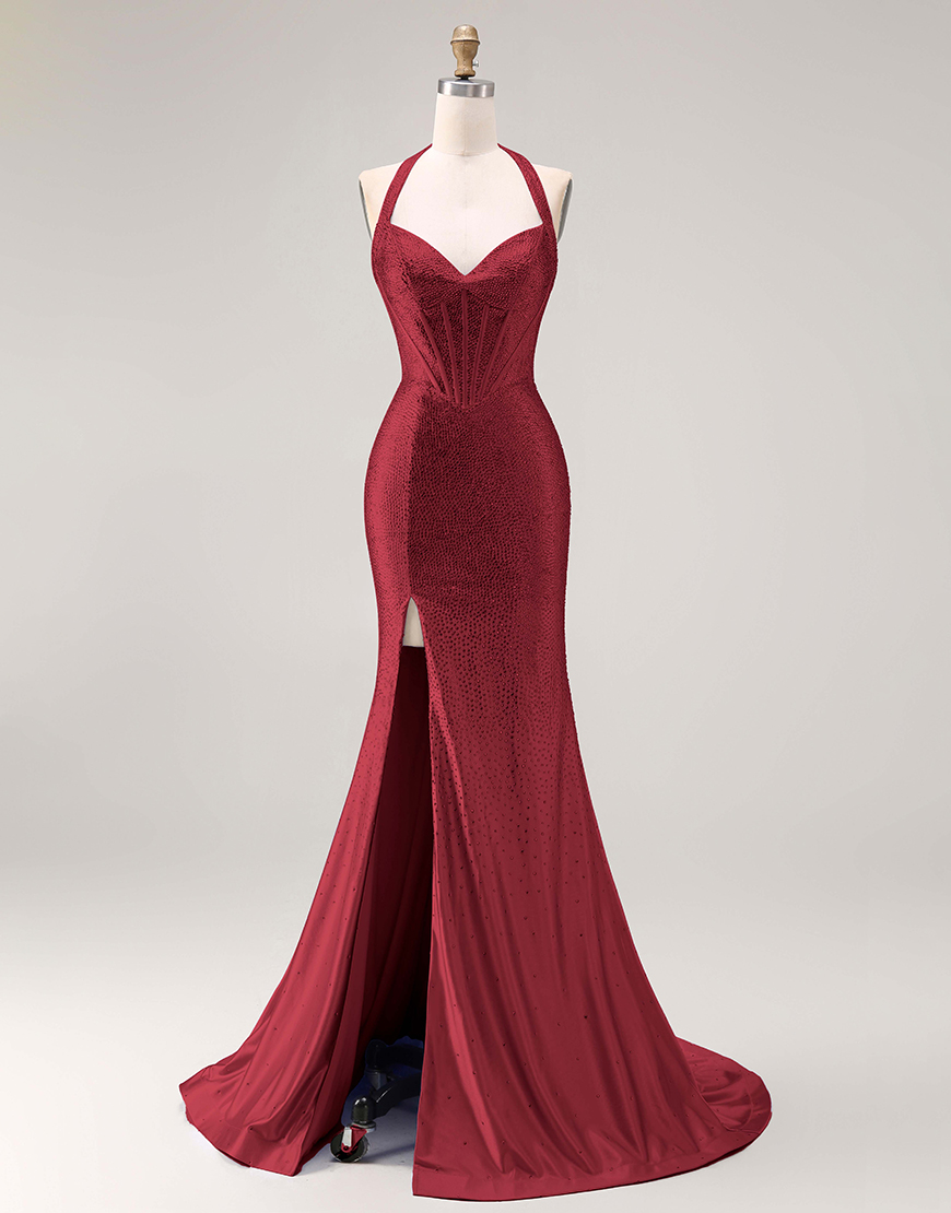 Sparkly Light Blue Mermaid Beaded Long Corset Prom Dress with Slit