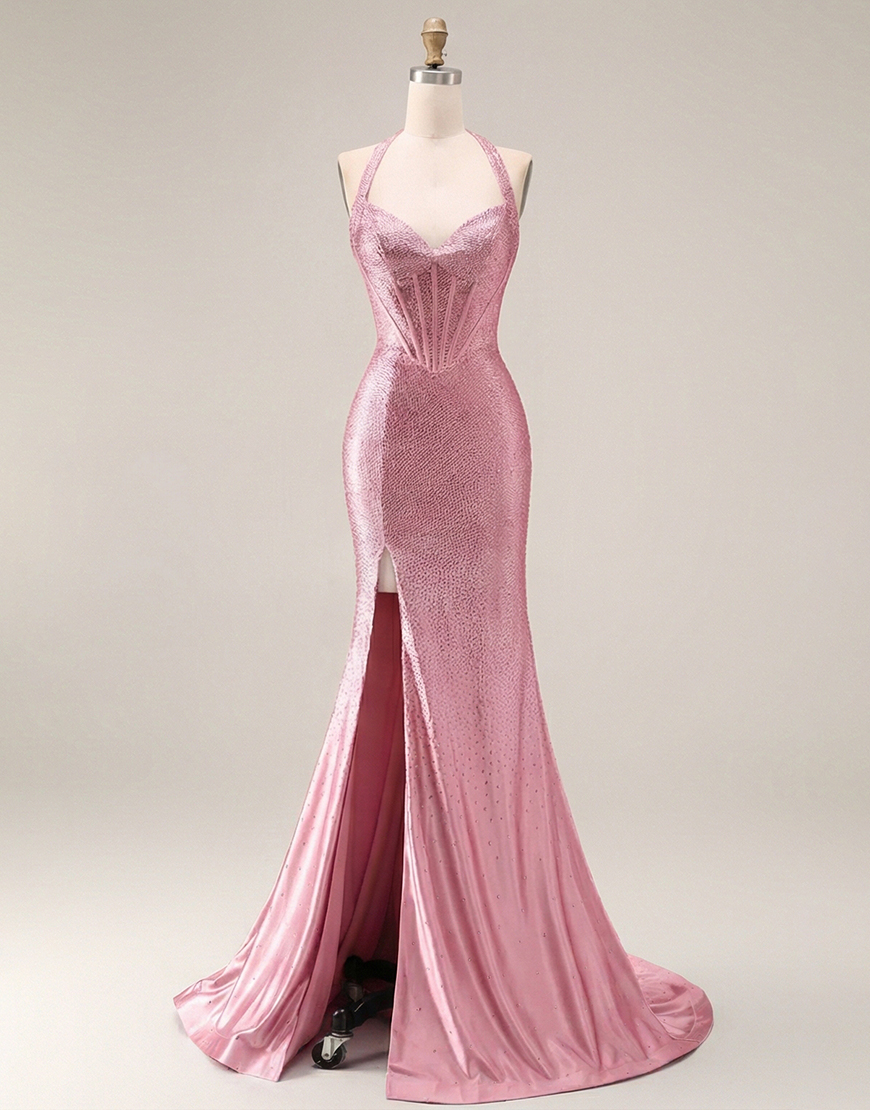 Sparkly Light Blue Mermaid Beaded Long Corset Prom Dress with Slit