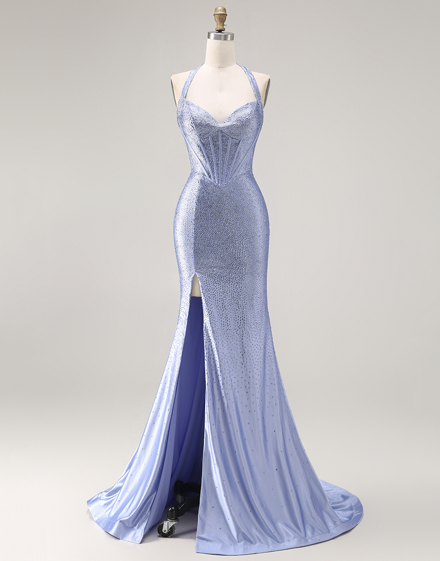 Sparkly Light Blue Mermaid Beaded Long Corset Prom Dress with Slit