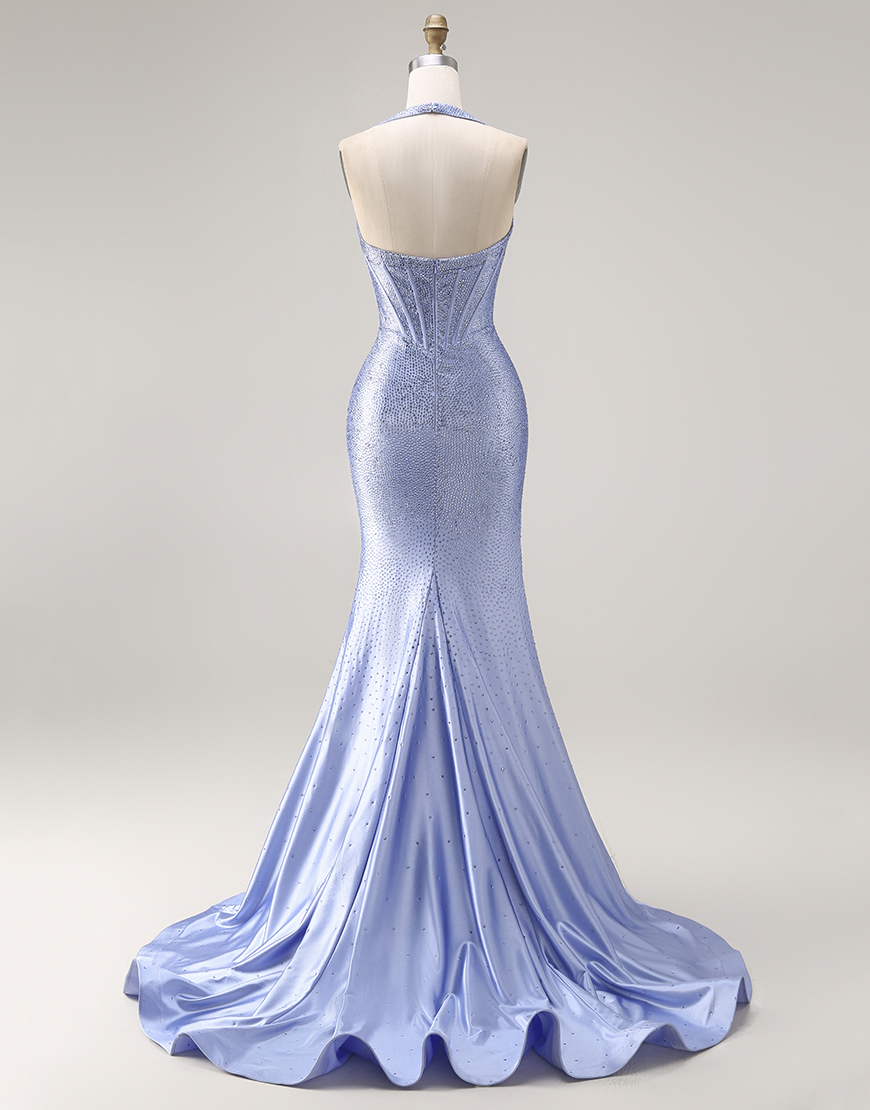 Sparkly Light Blue Mermaid Beaded Long Corset Prom Dress with Slit