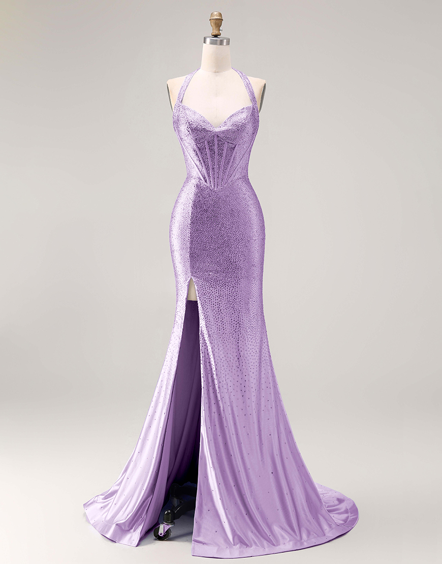 Sparkly Light Blue Mermaid Beaded Long Corset Prom Dress with Slit