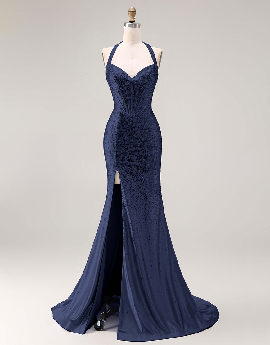 Sparkly Light Blue Mermaid Beaded Long Corset Prom Dress with Slit