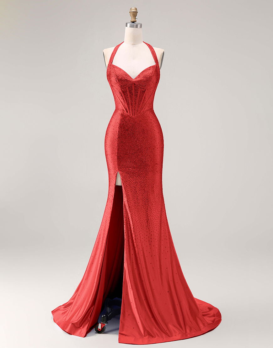 Sparkly Light Blue Mermaid Beaded Long Corset Prom Dress with Slit