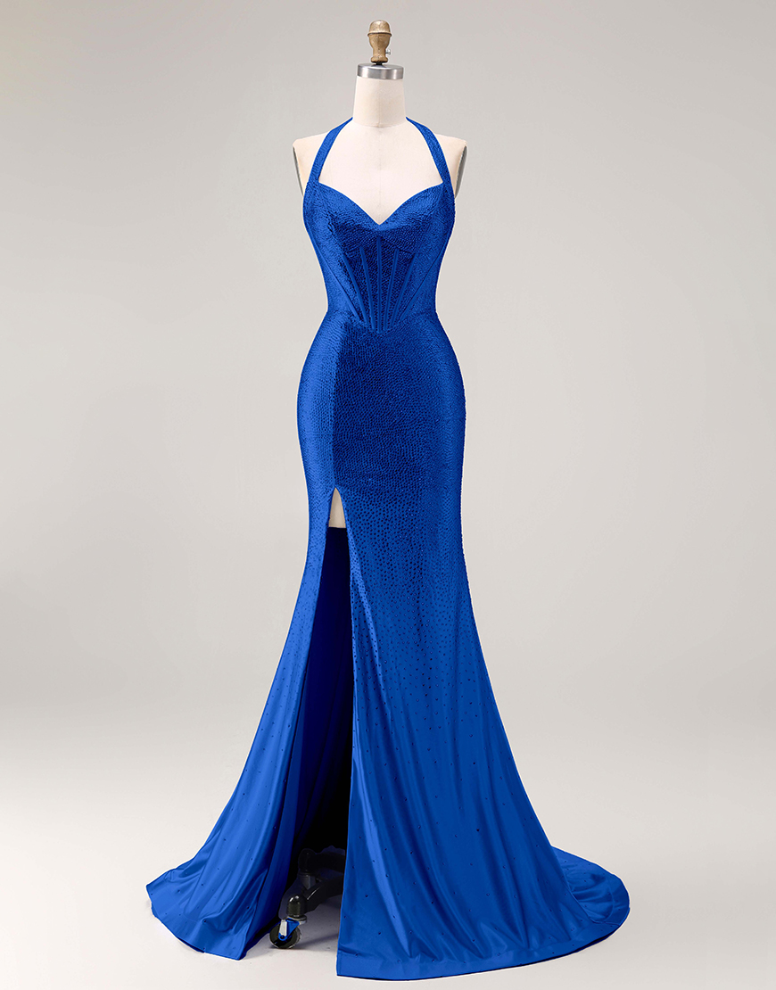 Sparkly Light Blue Mermaid Beaded Long Corset Prom Dress with Slit