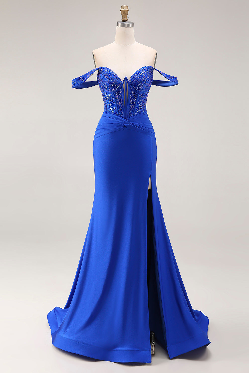Sparkly Royal Blue Off the Shoulder Satin Corset Beaded Long Prom Dress with Slit