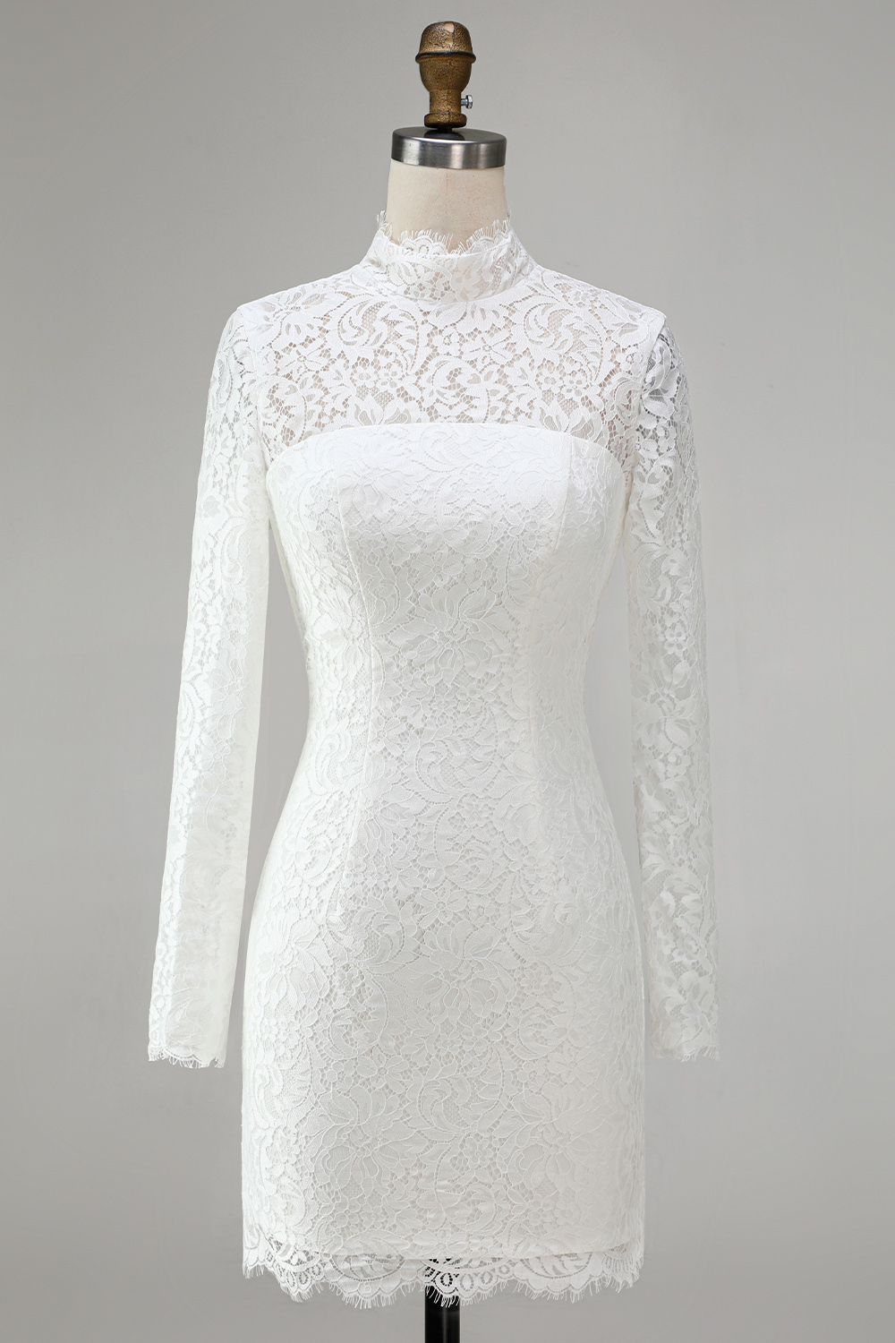Vintage Ivory Lace Bodycon High Neck Short Graduation Dress with Sleeves