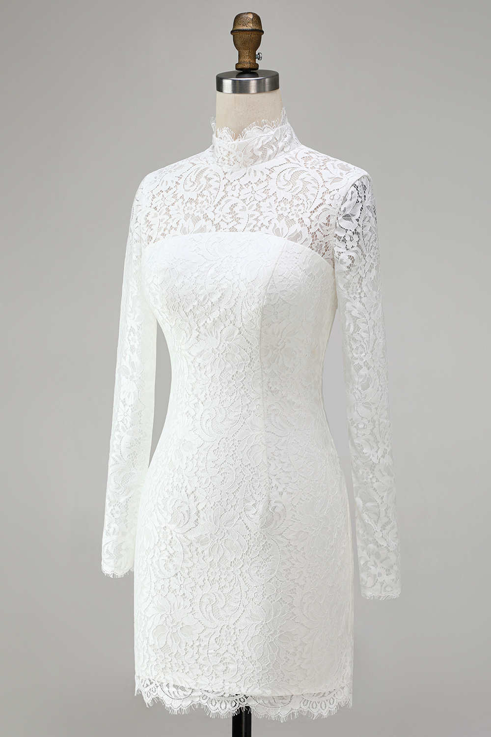Vintage Ivory Lace Bodycon High Neck Short Graduation Dress with Sleeves