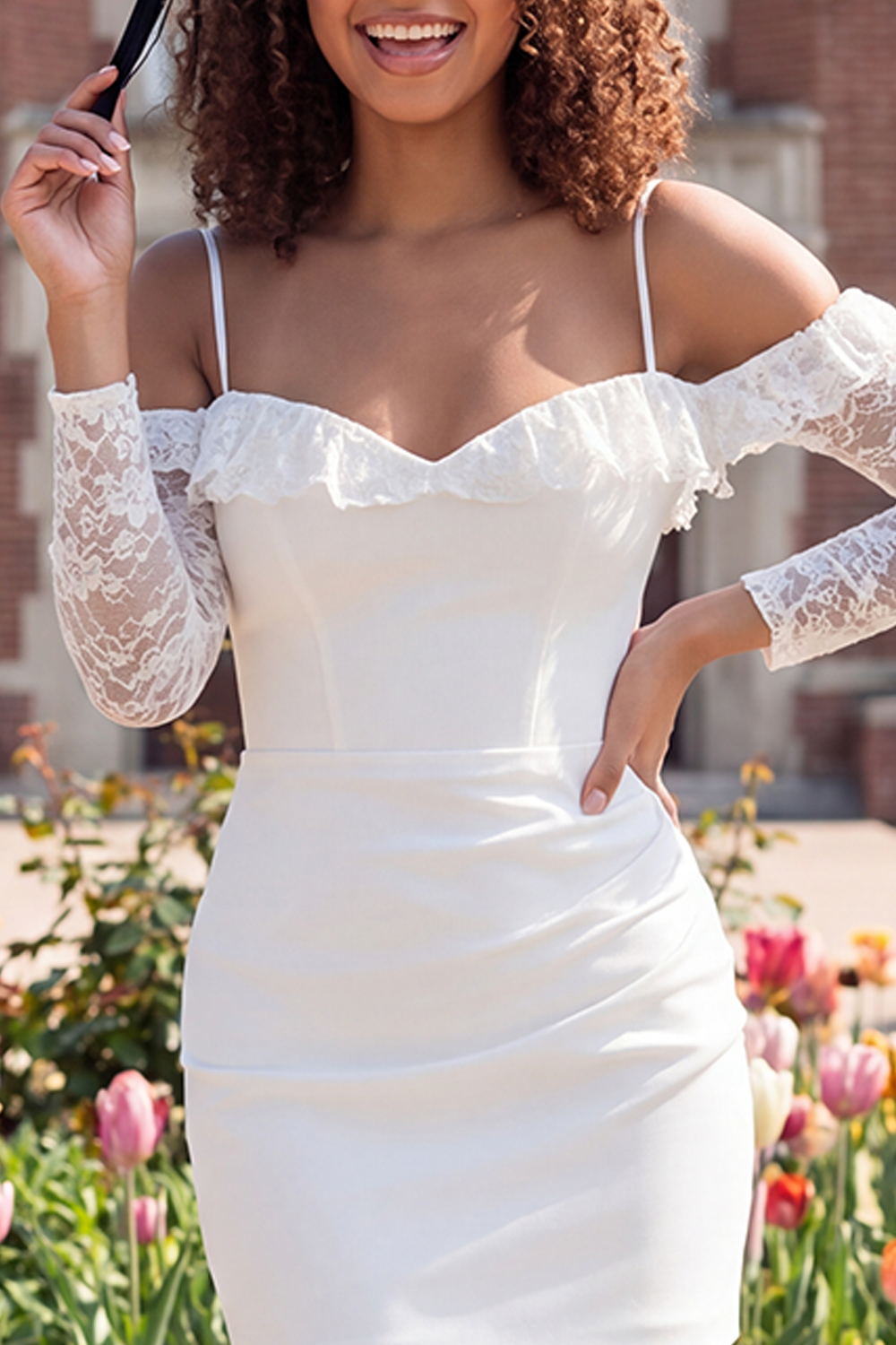 Ivory Bodycon Cold Shoulder Lace Short Graduation Dress with Sleeves