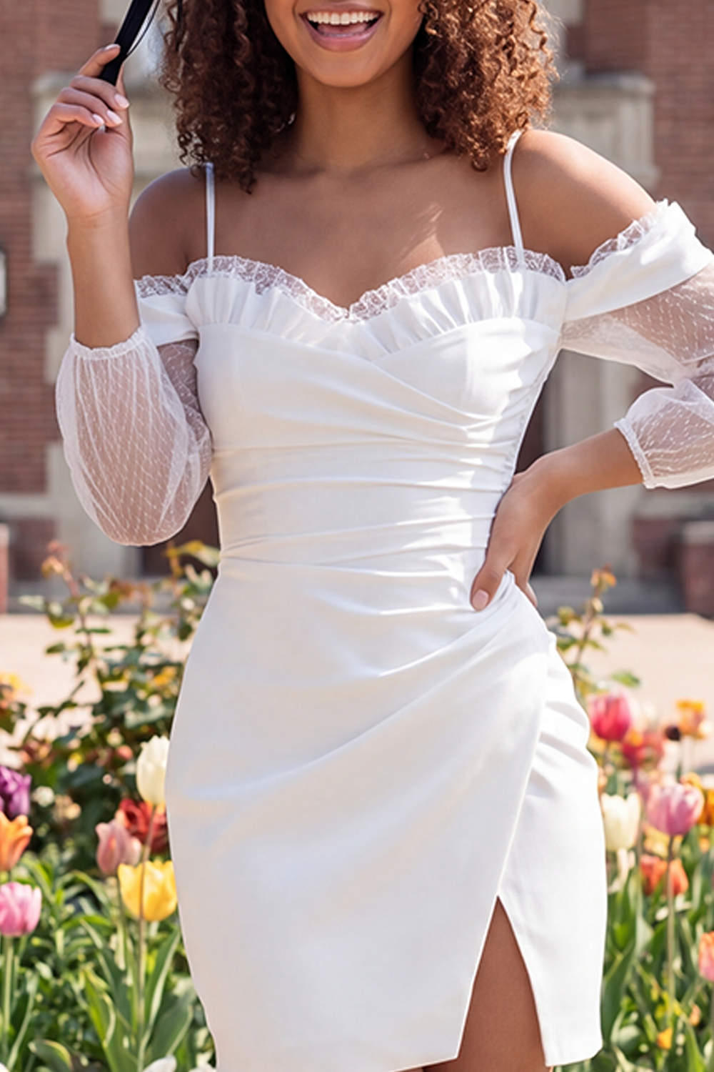 Ivory Bodycon Cold Shoulder Ruched Short Graduation Dress with Slit