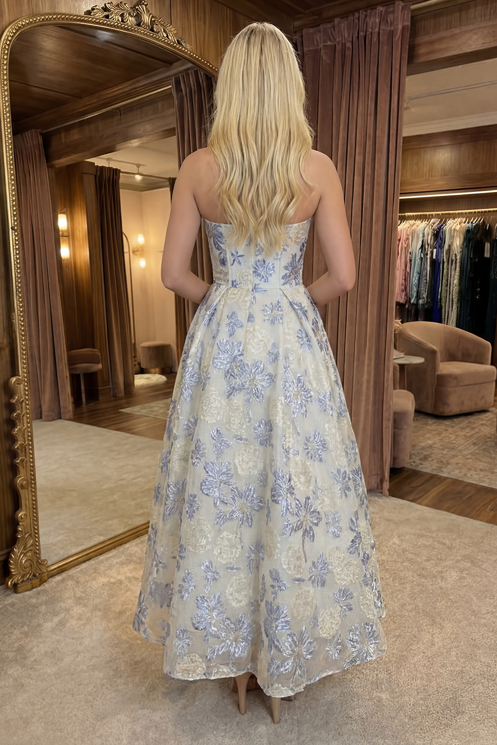 Floral Dusty Blue A Line Jacquard Long Corset Prom Dress