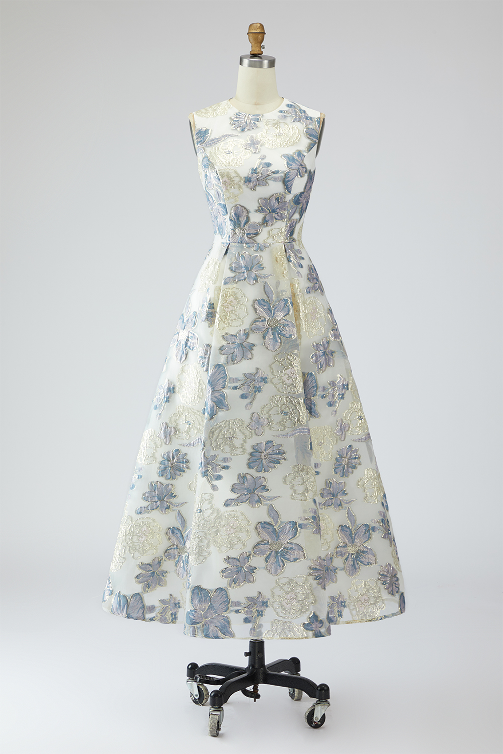 Floral Dusty Blue A Line Jacquard Long Prom Dress with Pocket