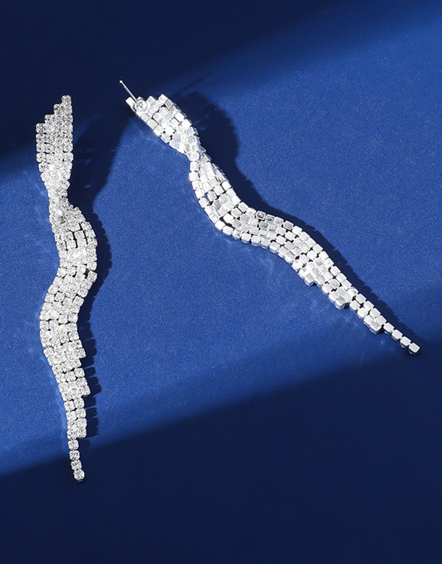 Sparkly Silver Long Wave Shaped Rhinestones Prom Drop Earrings