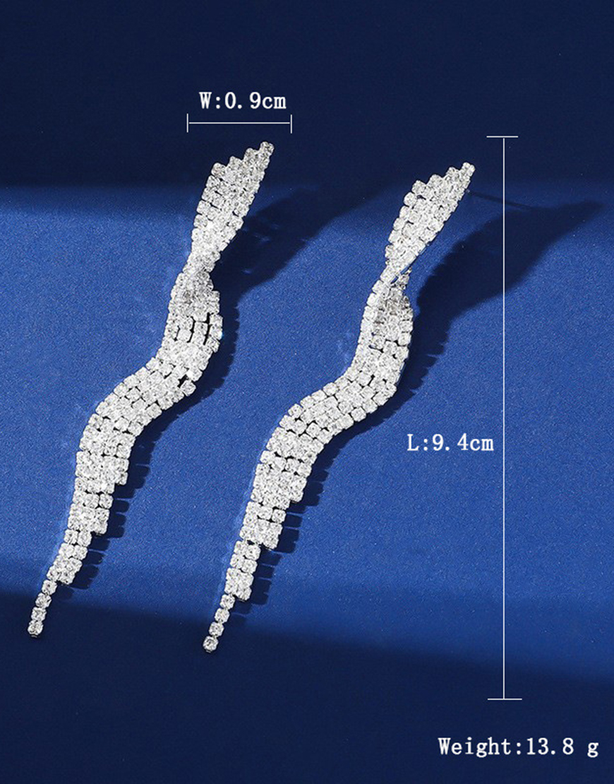 Sparkly Silver Long Wave Shaped Rhinestones Prom Drop Earrings