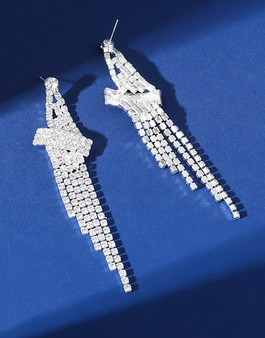 Silver Sparkly Party Fringed Drop Earrings with Rhinestones