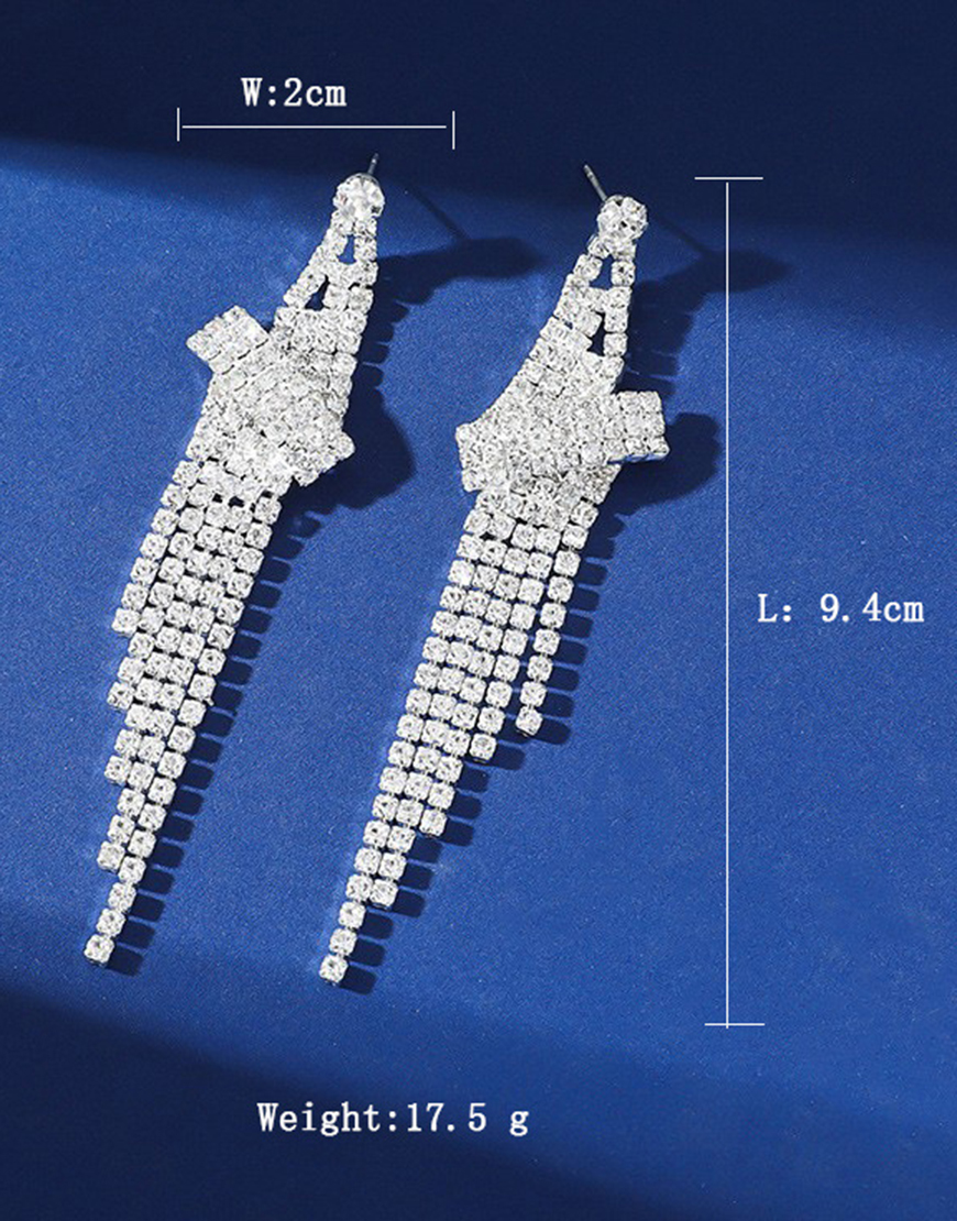 Silver Sparkly Party Fringed Drop Earrings with Rhinestones