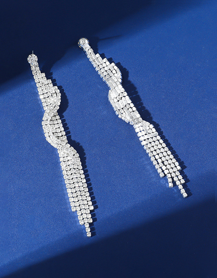 Sparkly Silver Fringed Long Rhinestones Prom Drop Earrings