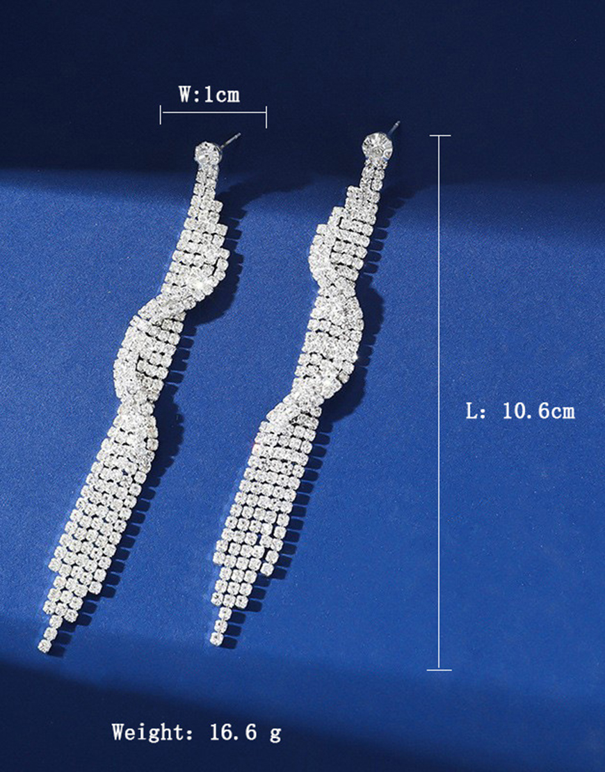 Sparkly Silver Fringed Long Rhinestones Prom Drop Earrings