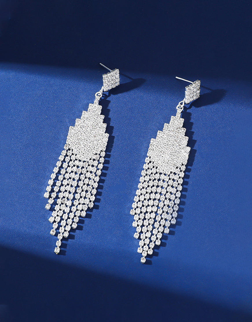 Sparkly Silver Party Drop Crystal Fringed Earrings