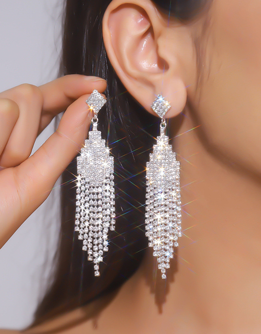Sparkly Silver Party Drop Crystal Fringed Earrings