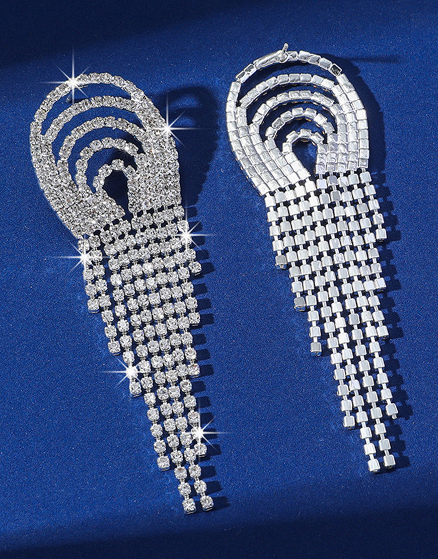 Sparkly Silver Fashion Fringed Party Drop Earrings with Rhinestones