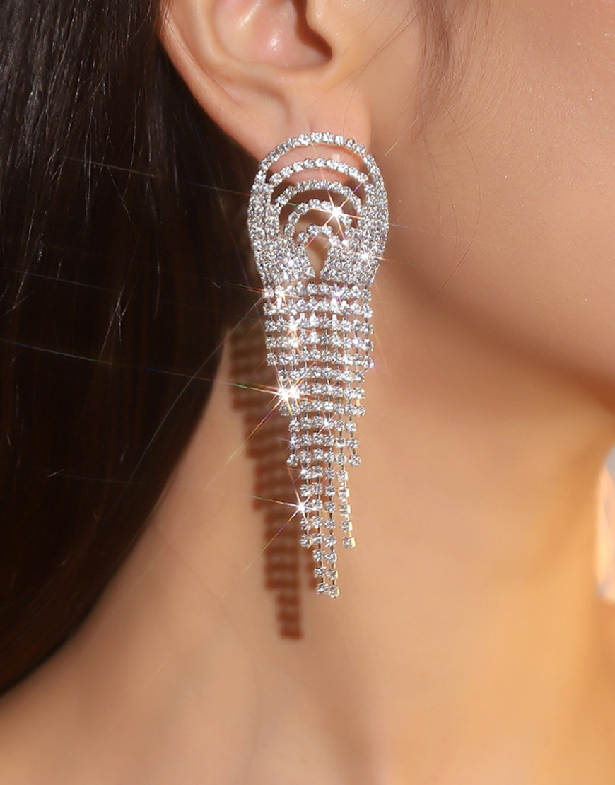 Sparkly Silver Fashion Fringed Party Drop Earrings with Rhinestones
