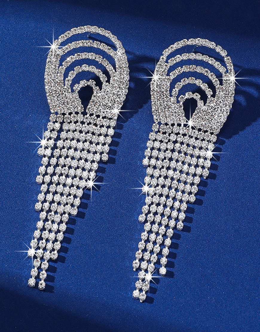 Sparkly Silver Fashion Fringed Party Drop Earrings with Rhinestones