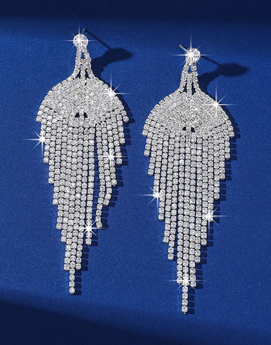 Sparkly Silver Rhinestones Teardrop Fringed Prom Drop Earrings
