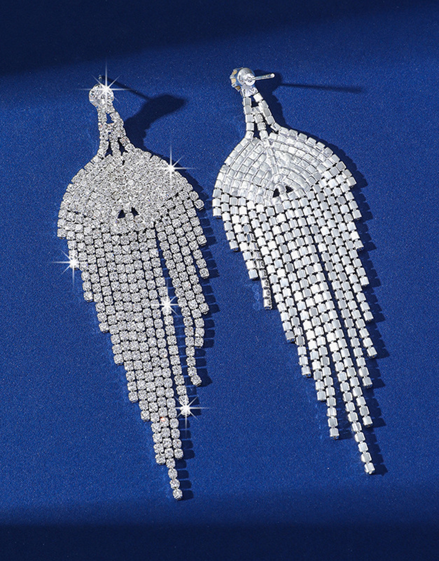 Sparkly Silver Rhinestones Teardrop Fringed Prom Drop Earrings