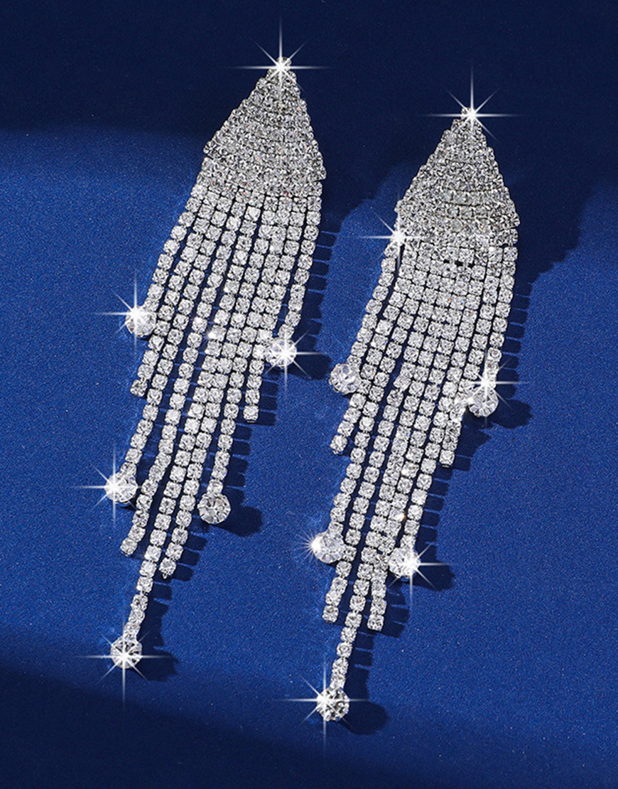 Sparkly Fashion Silver Fringed Rhinestones Prom Drop Earrings