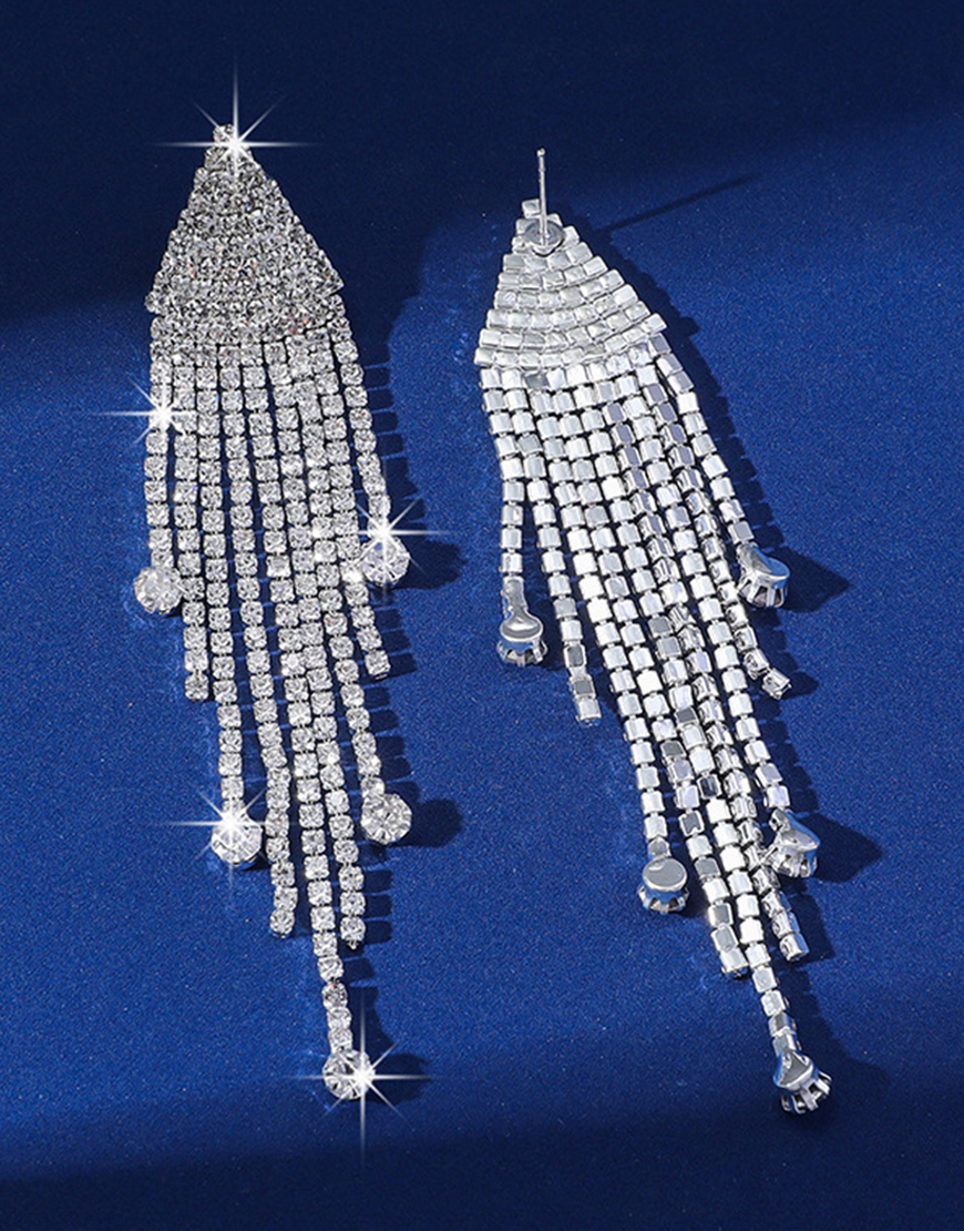 Sparkly Fashion Silver Fringed Rhinestones Prom Drop Earrings