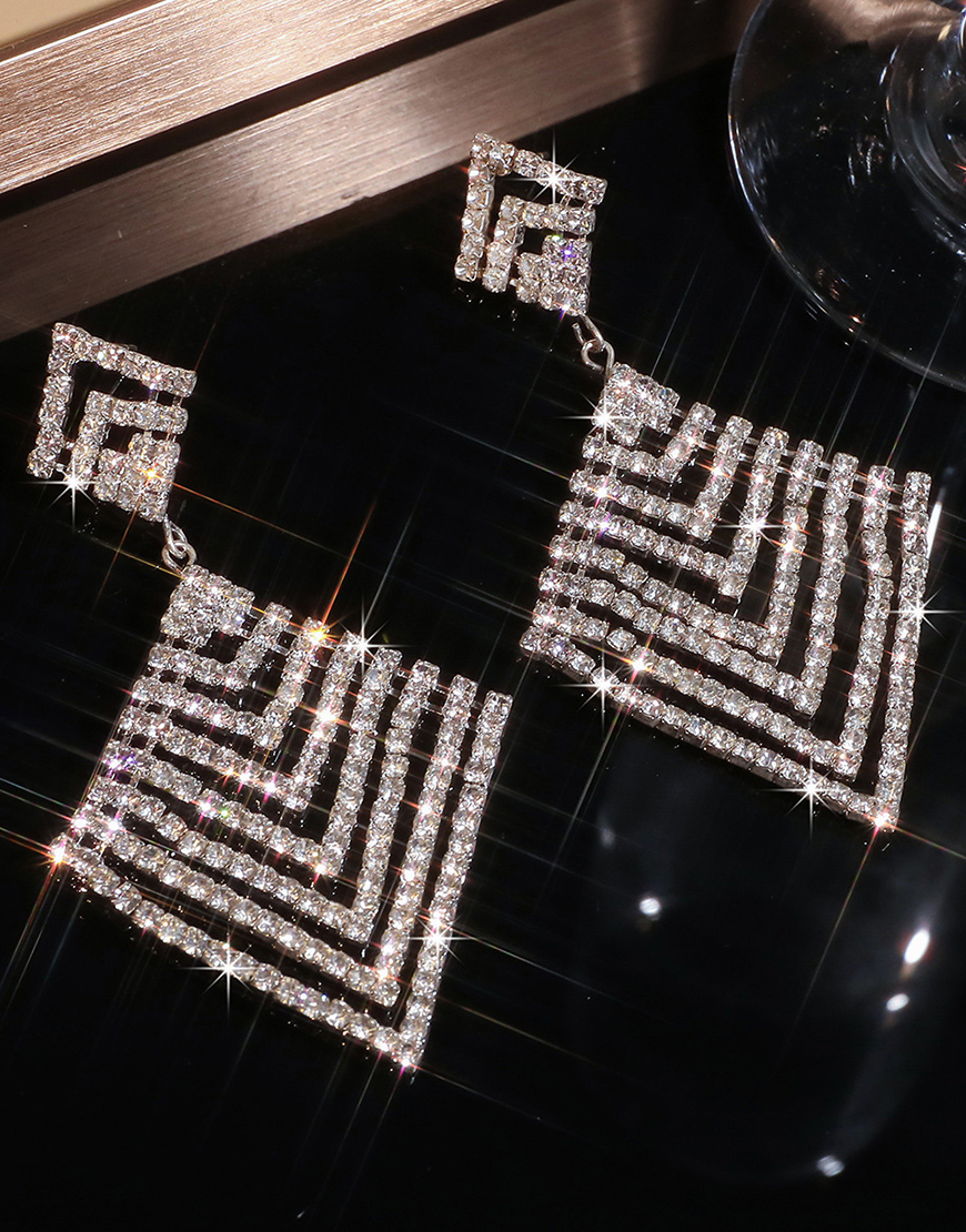 Sparkly Silver Rhinestones Party Drop Earrings