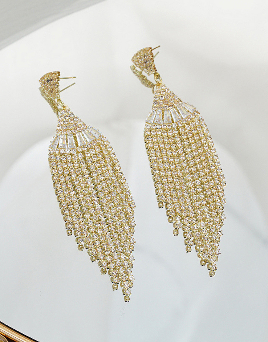 Sparkly Golden Fringed Rhinestones Party Drop Earrings