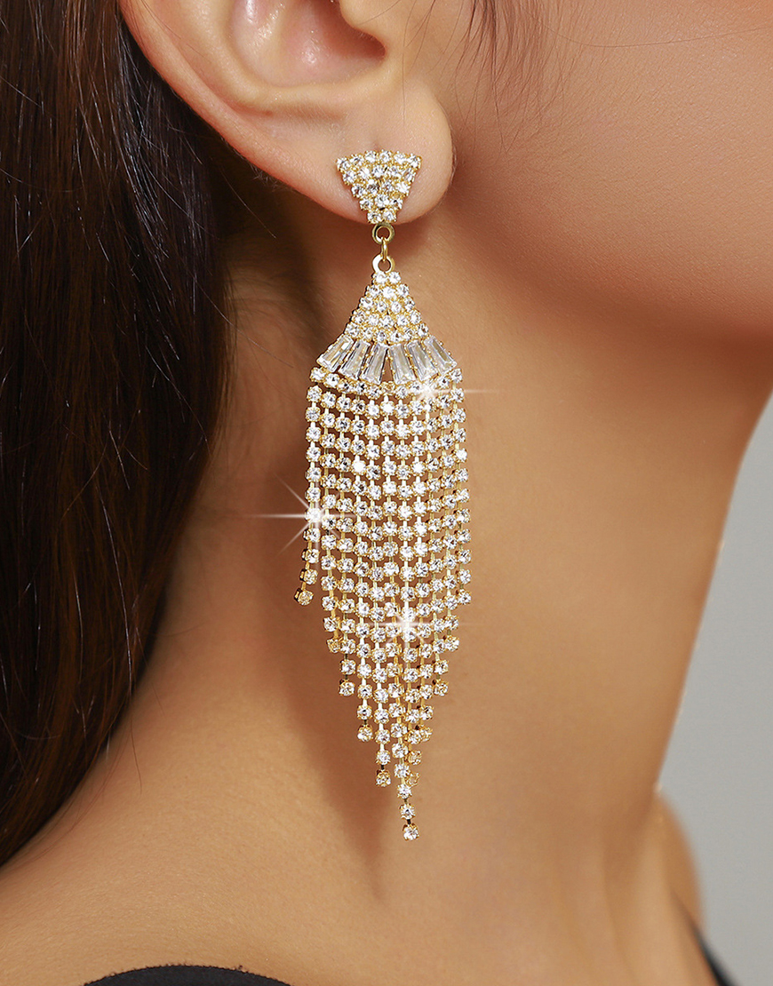 Sparkly Golden Fringed Rhinestones Party Drop Earrings