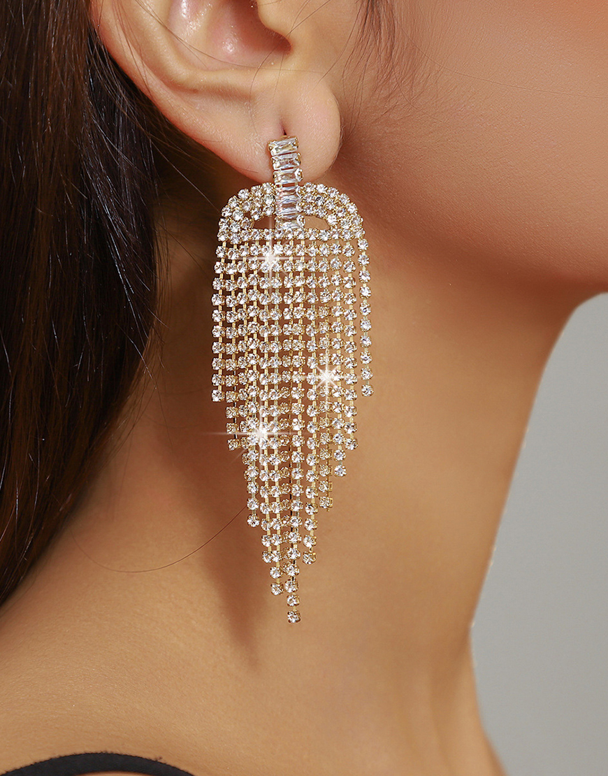 Sparkly Golden Fringed Fashion Rhinestones Prom Drop Earrings