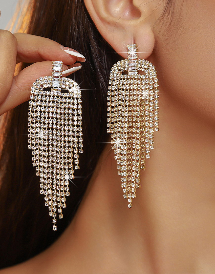 Sparkly Golden Fringed Fashion Rhinestones Prom Drop Earrings