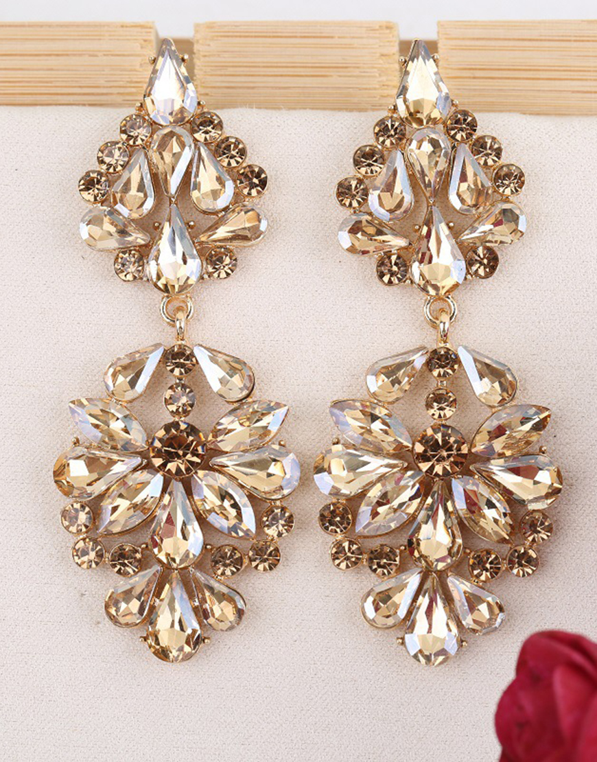 Sparkly Golden Flower Shaped Prom Drop Earrings with Rhinestones