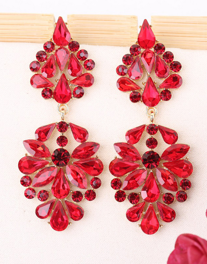 Sparkly Golden Flower Shaped Prom Drop Earrings with Rhinestones